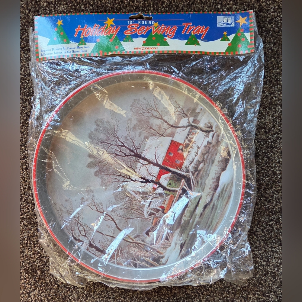 Vtg Metal Christmas Serving Tray 12" Round Cookie Platter Winter Red Barn Horses